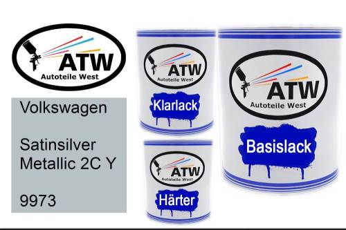 Volkswagen, Satinsilver Metallic 2C Y, 9973: 1L Lackdose + 1L Klarlack + 500ml Härter - Set, von ATW Autoteile West.